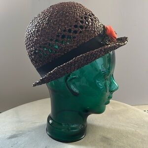 Vintage straw Cloche hat with Feather pin